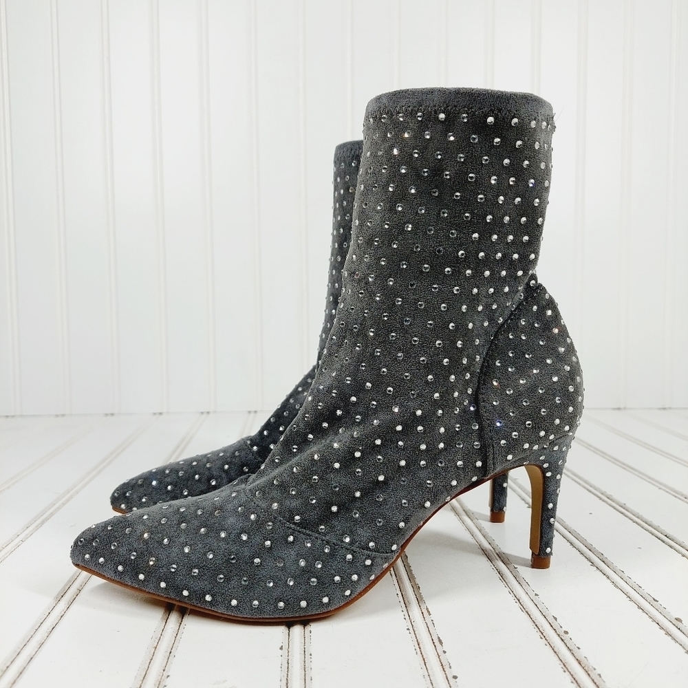 Charles David Personal Gray Rhinestone Slip On Heeled Ankle Boots M510